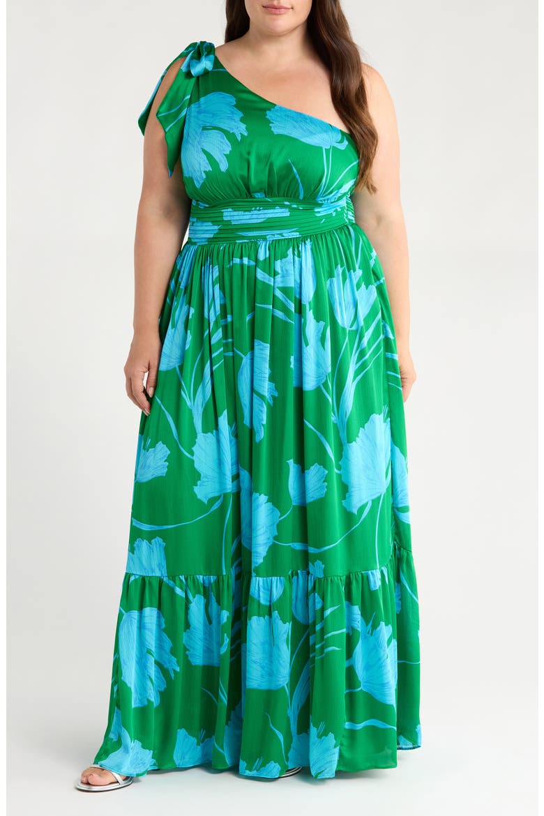 Sea Moss Floral Bayou One-Shoulder Satin Maxi Dress, Main, color, GREEN/ BLUE/ MULTI