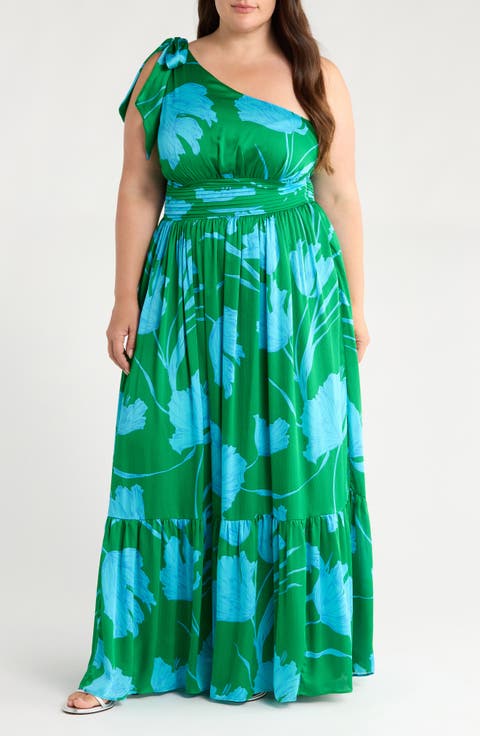 Sea Moss Floral Bayou One-Shoulder Satin Maxi Dress (Plus)