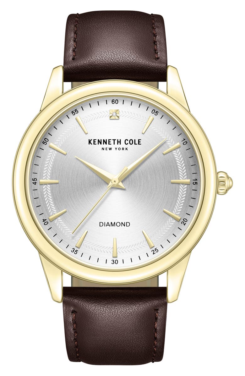 Kenneth Cole New York Genuine Diamond Leather Strap Watch, 43mm - 0.005ct., Main, color, Dark Brown