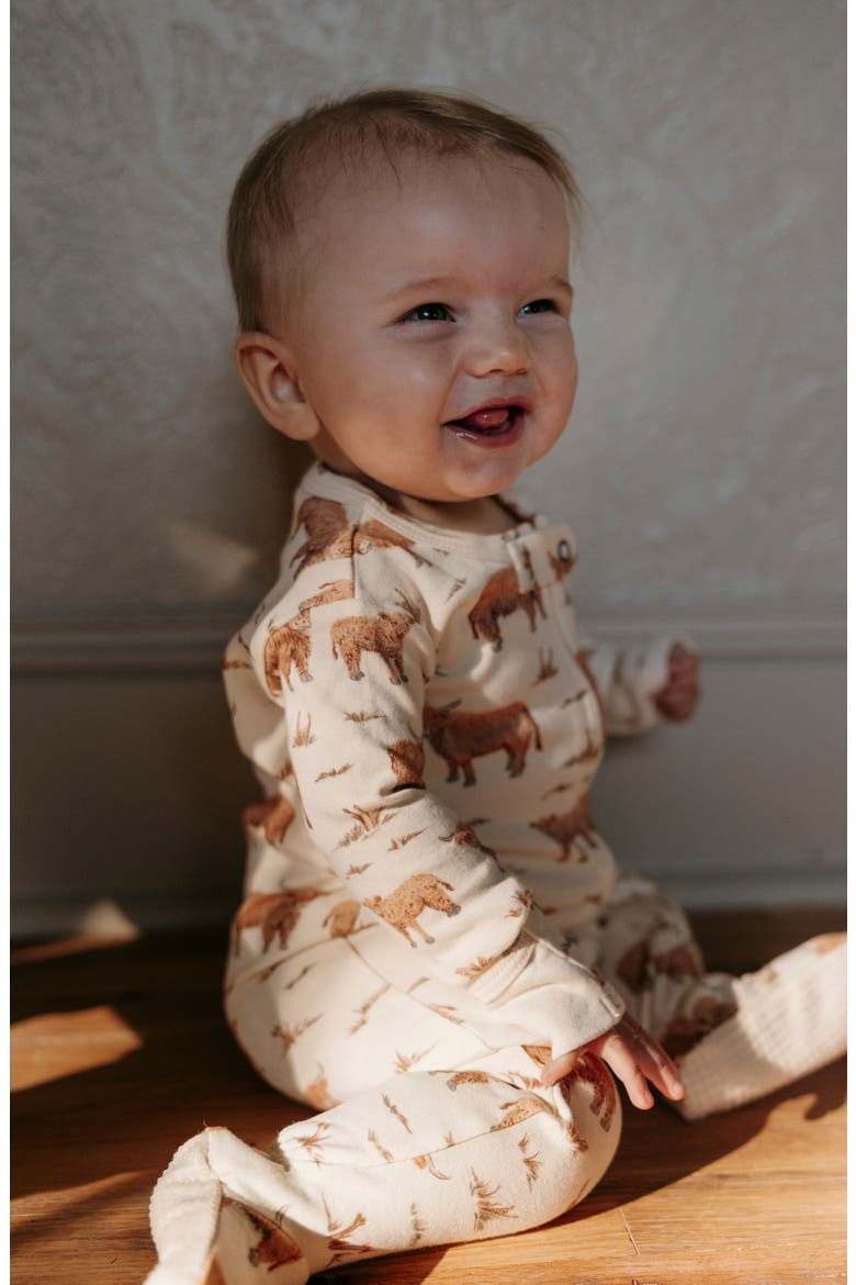 Print Organic Cotton Zip Footie, Alternate, color, HIGHLAND COW