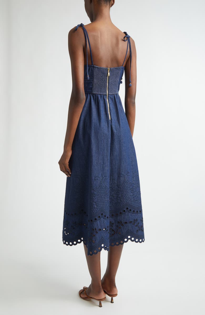 Zimmermann Mohan Broderie Anglaise Trim Denim Midi Dress, Alternate, color, Ink