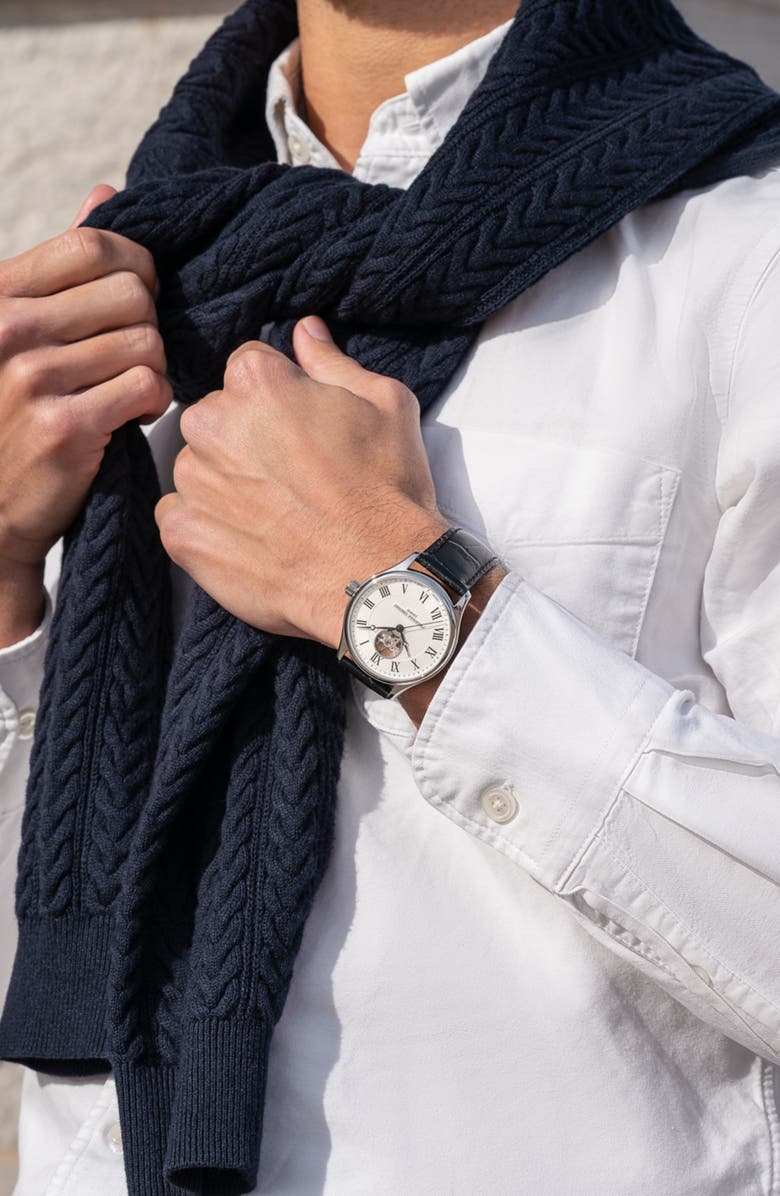 FREDERIQUE CONSTANT Classics Heartbeat Automatic Leather Strap Watch, 40mm, Alternate, color, Silver-Tone