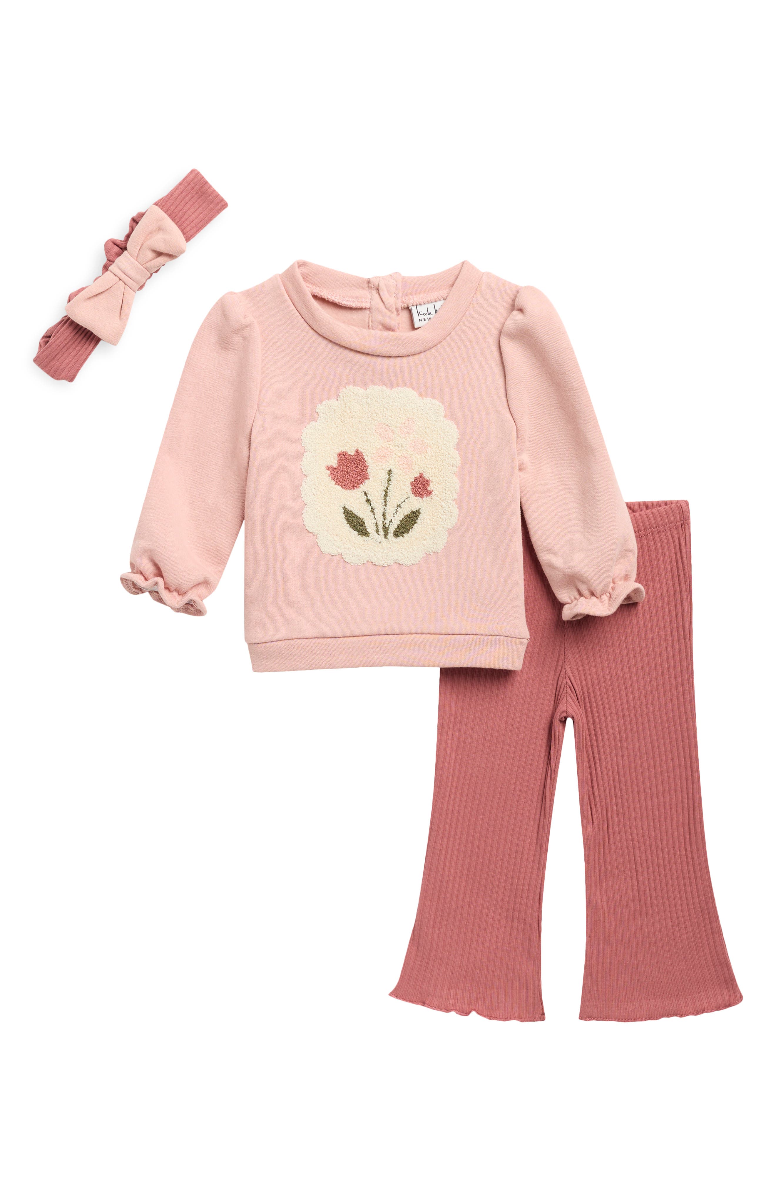 Kids' Floral Applique Fleece Top, Ribbed Leggings & Headband Set
