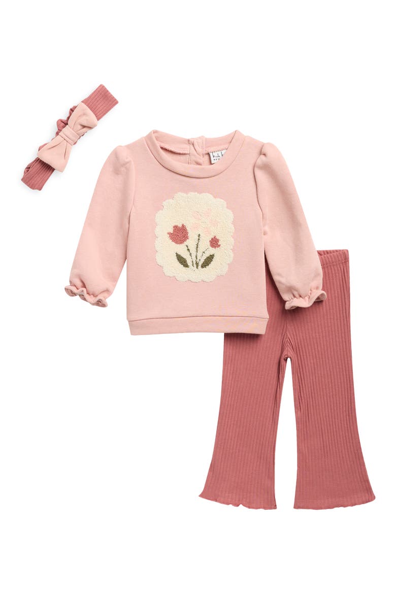 Kids' Floral Applique Fleece Top, Ribbed Leggings & Headband Set, Main, color, MISTY ROSE