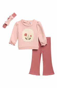 Kids' Floral Applique Fleece Top, Ribbed Leggings & Headband Set