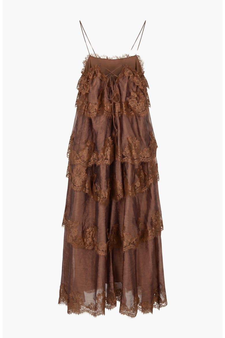 Sleeveless Lace Tiered Leaf Edge Hem Maxi Dress, Alternate, color, Brown