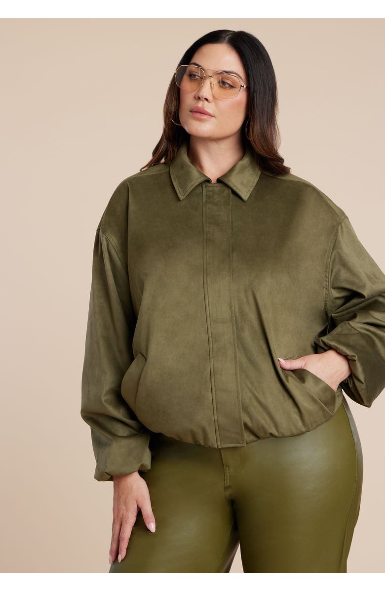 ELOQUII Faux Suede Bomber Jacket, Main, color, Burnt Olive