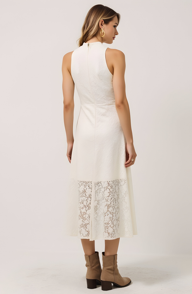 Modenaire Textured Sleeveless Midi Dress with Mock Neck and Lace Hem Inset, Alternate, color, 