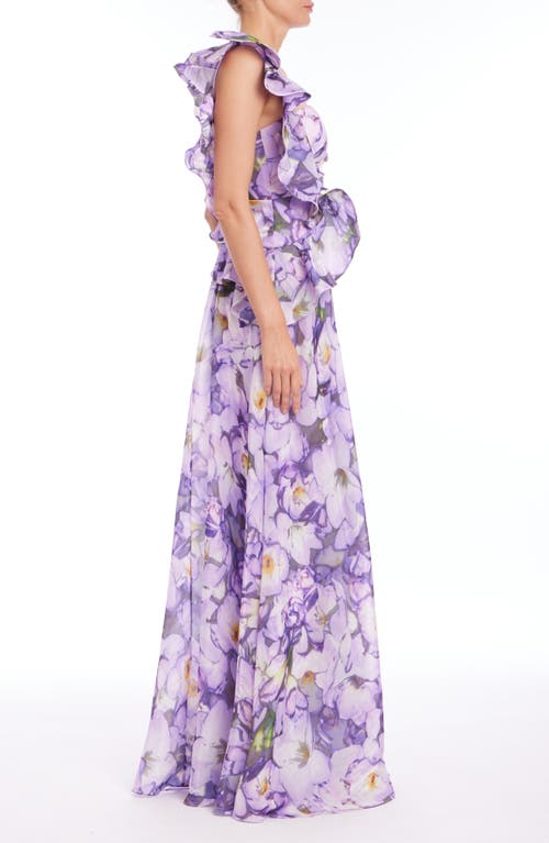 Badgley Mischka Collection Floral Print Ruffle One-shoulder Gown In Lilac Multi