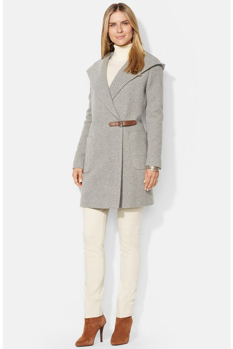 Hooded Drape Front Herringbone Coat, Main, color, GREY