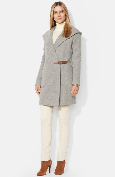 Hooded Drape Front Herringbone Coat