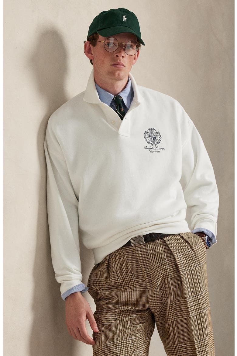 Relaxed Fit Fleece Graphic Polo Sweatshirt, Alternate, color, WHITE