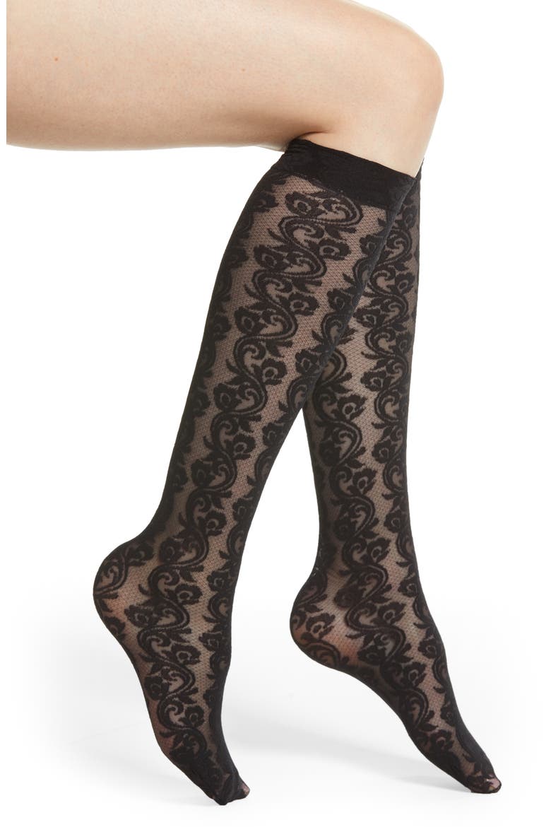 Iris Lacy Knee High Socks, Main, color, BLACK