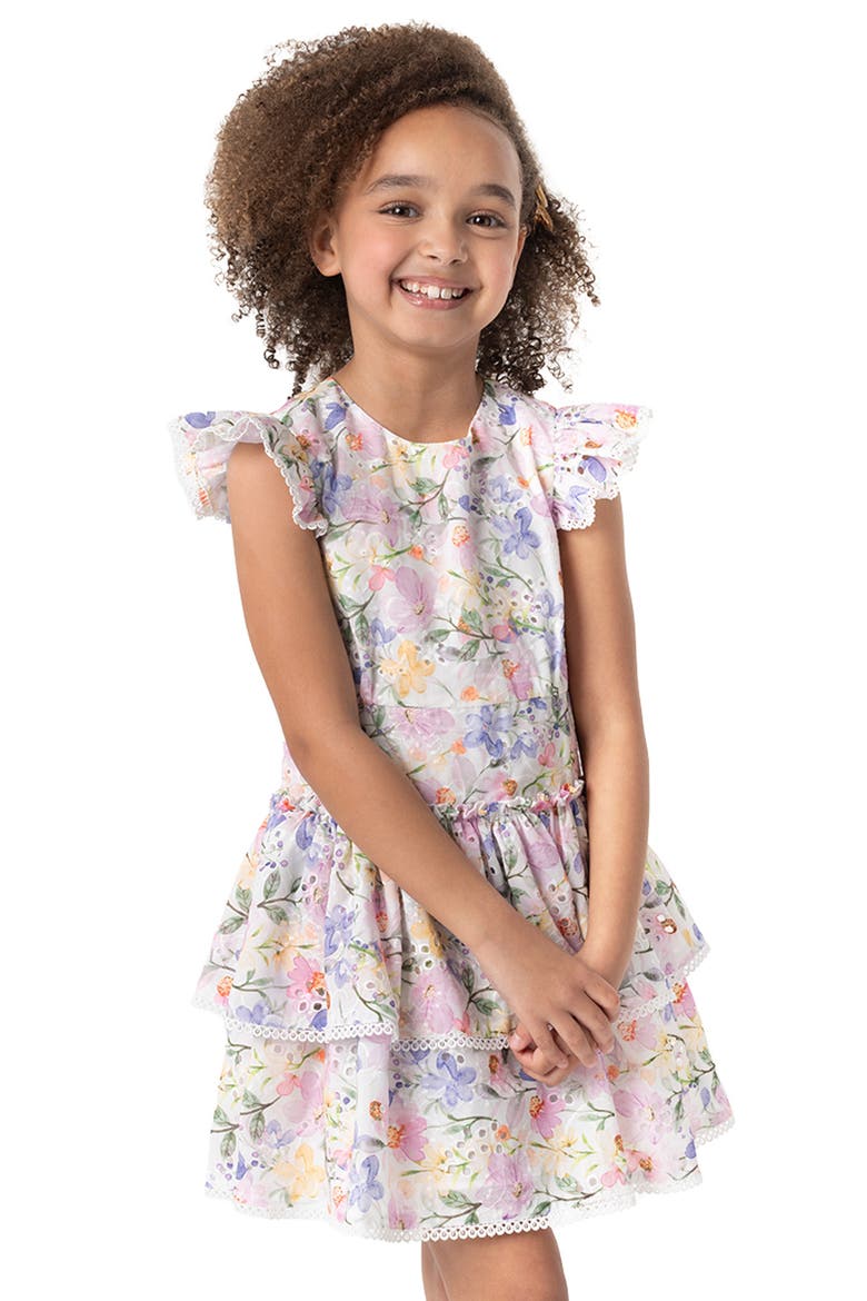 Kids' Printed Eyelet Drop Waist Dress, Alternate, color, LILAC