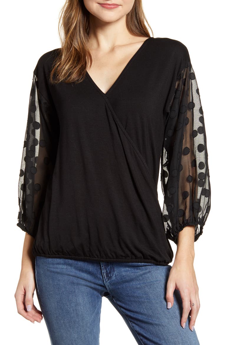 Dot Chiffon Sleeve Faux Wrap Top, Main, color, BLACK