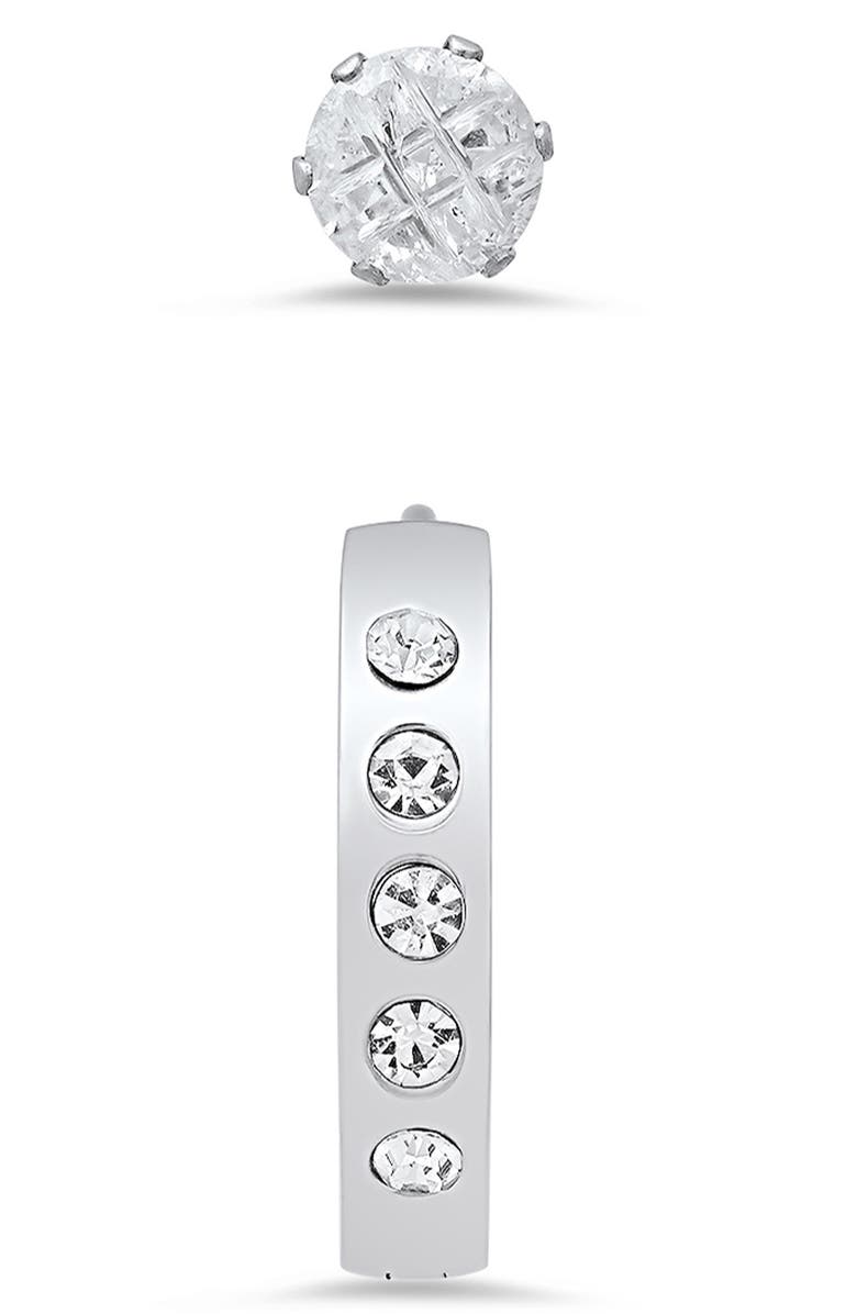 HMY JEWELRY Set of 2 Stainless Steel Crystal Stud & Hoop Earrings, Alternate, color, Silver