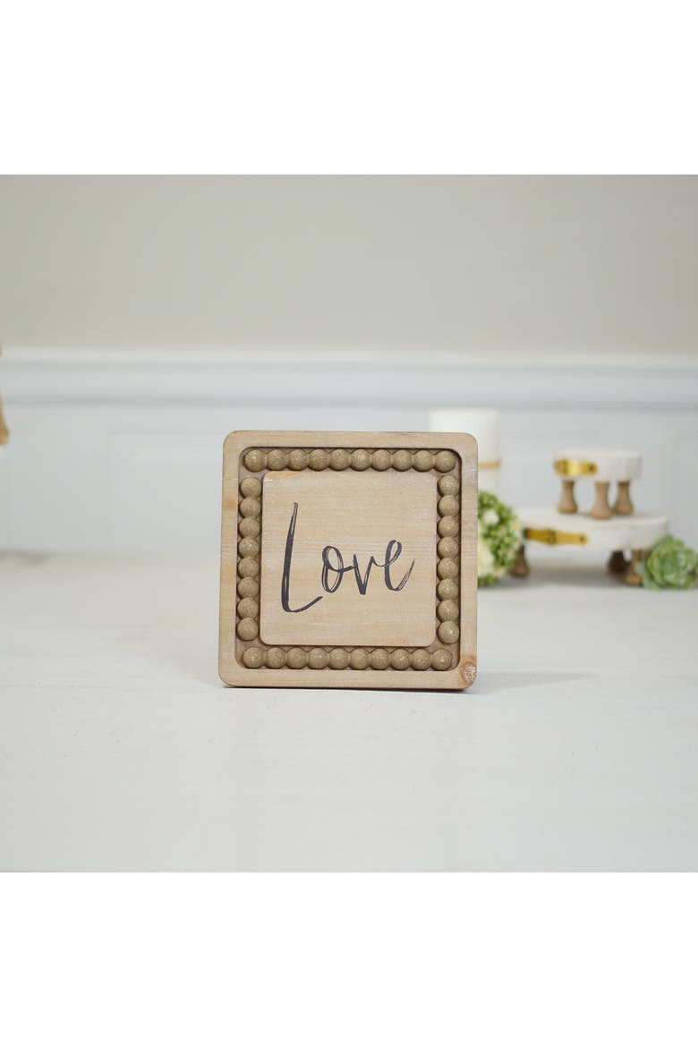 Wood 8 Inch Beige Love Sign with Beaded Accent and Easel Back, Farmhouse Tabletop Decoration, Alternate, color, Brown