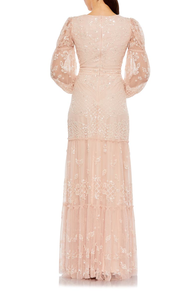 Sequined Tiered Wrap Over Puff Sleeve Gown, Alternate, color, BLUSH