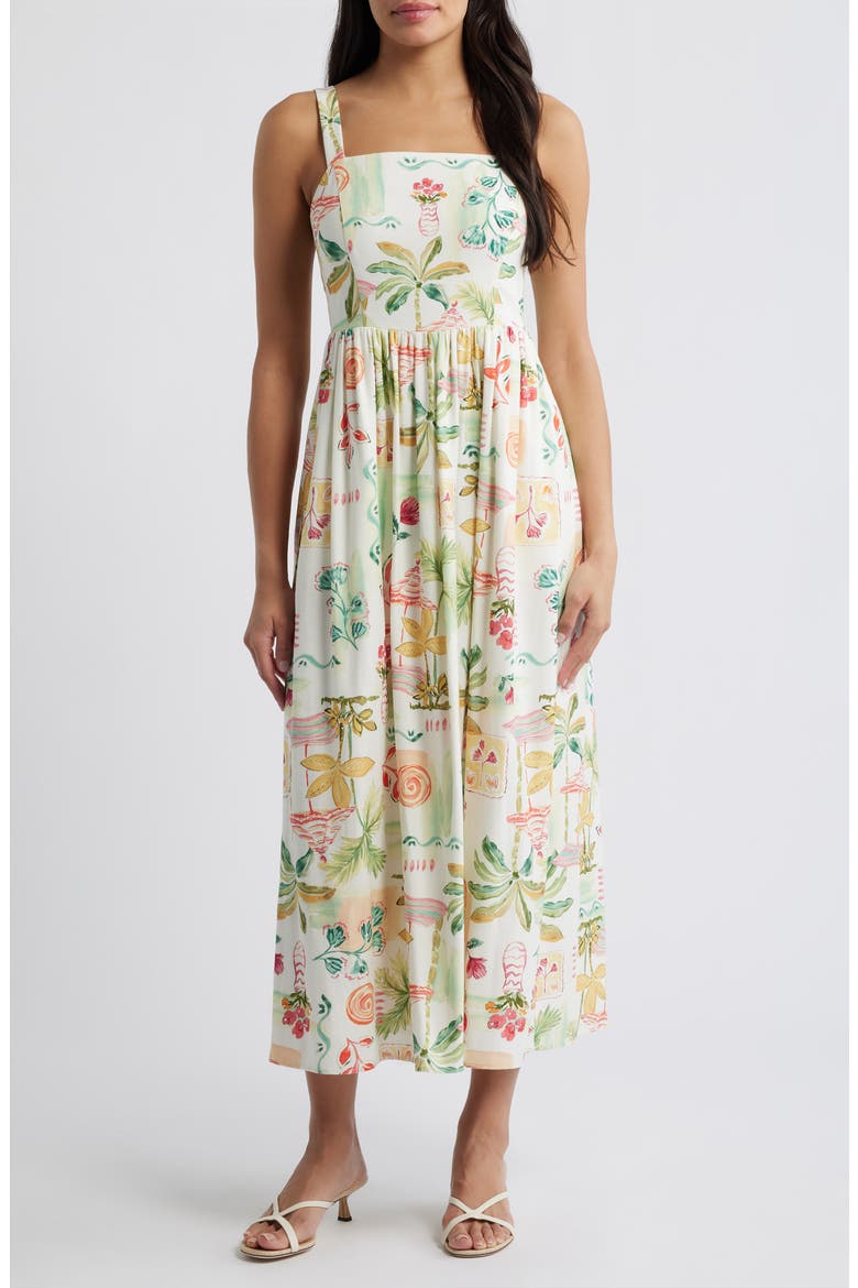 Tropical Print Midi Dress, Main, color, IVORY MULTI