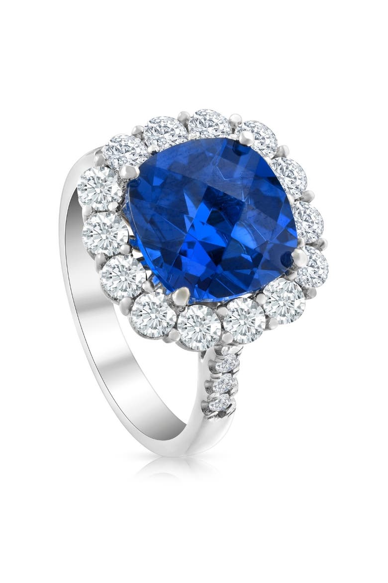 6.93Ct TW Natural Diamond Cushion Ring 14k Gold Lab Grown Sapphire, Alternate, color, 14k White Gold