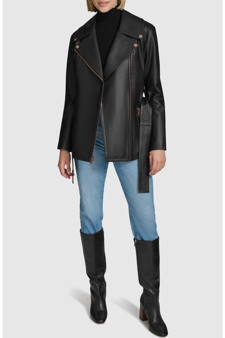 Delphine Belted Leather Jacket, Alternate, color, BLACK
