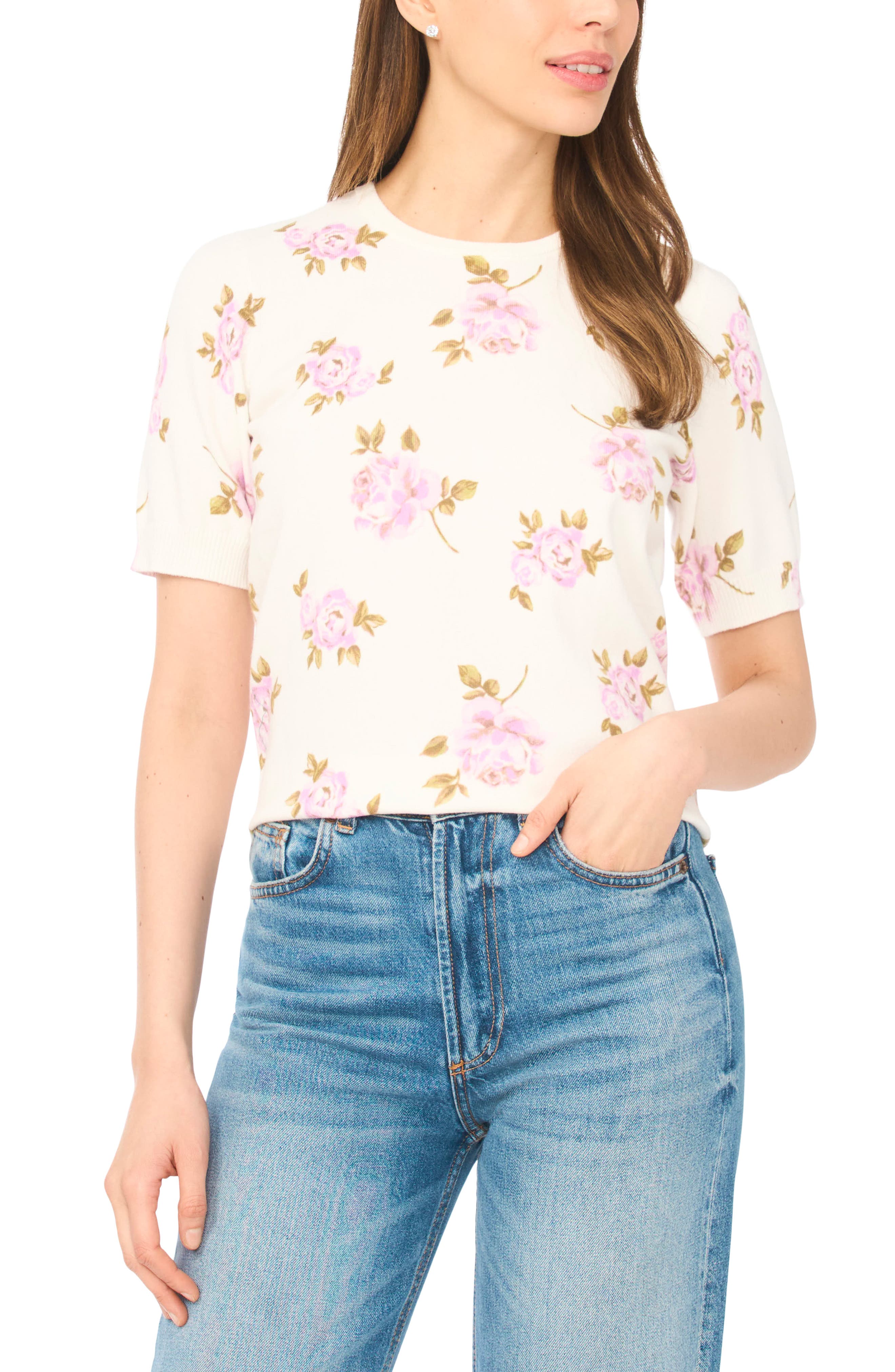 CeCe Floral Print Short Sleeve Sweater