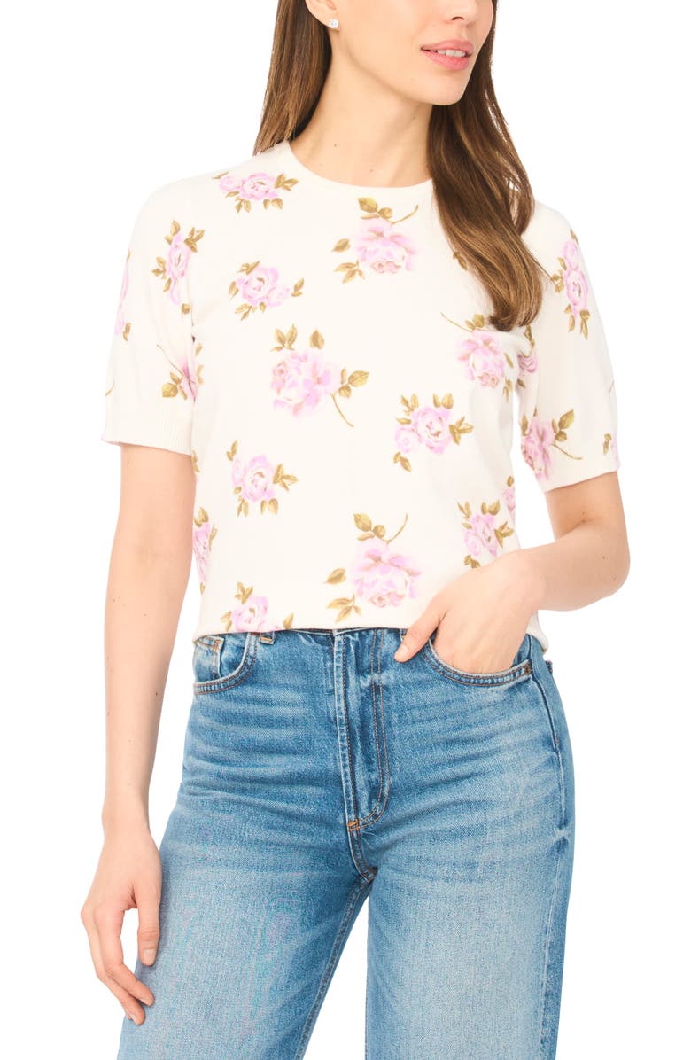 CeCe Floral Print Short Sleeve Sweater, Main, color, New Ivory