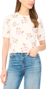 CeCe Floral Print Short Sleeve Sweater