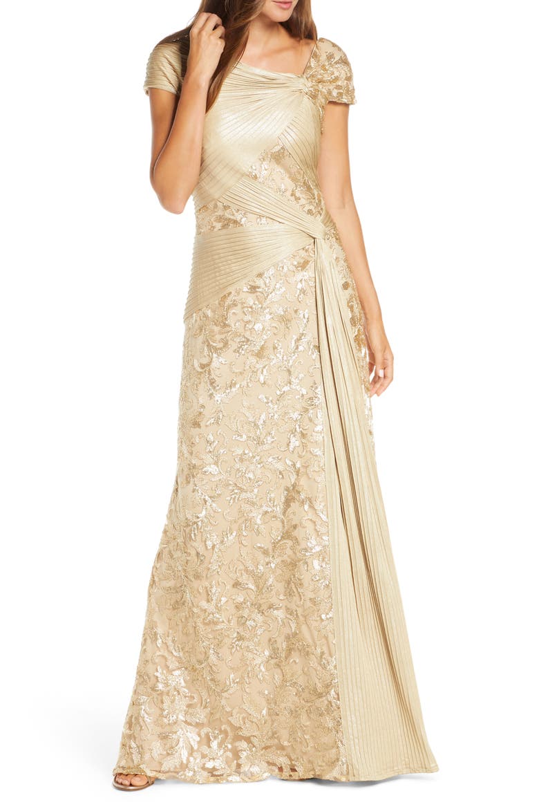 Pintuck Wrapped Embroidered Lace Gown, Main, color, GOLD