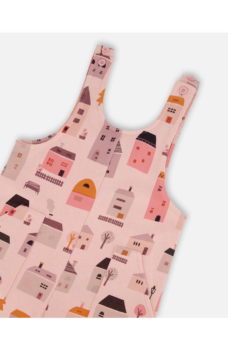 Deux par Deux Girl's Printed French Terry Overalls Pink And Coral Houses, Alternate, color, 