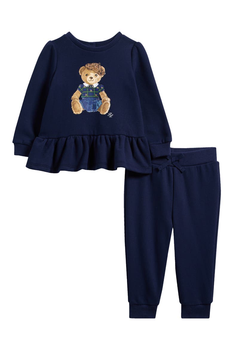Bear Fleece Sweatshirt & Joggers Set, Main, color, REFINED NAVY