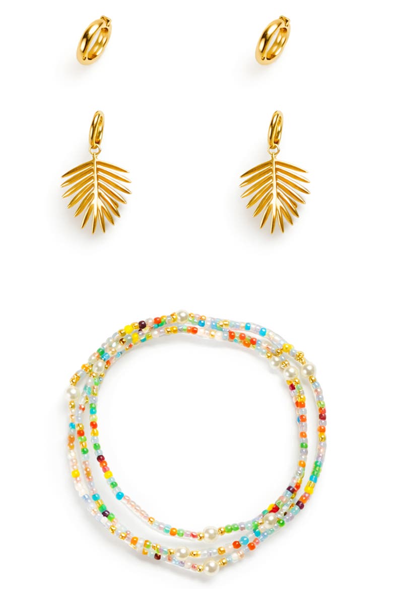 Palm Leaf Stud, Huggie Hoop Earrings & Beaded Stretch Bracelets Set, Alternate, color, MULTI