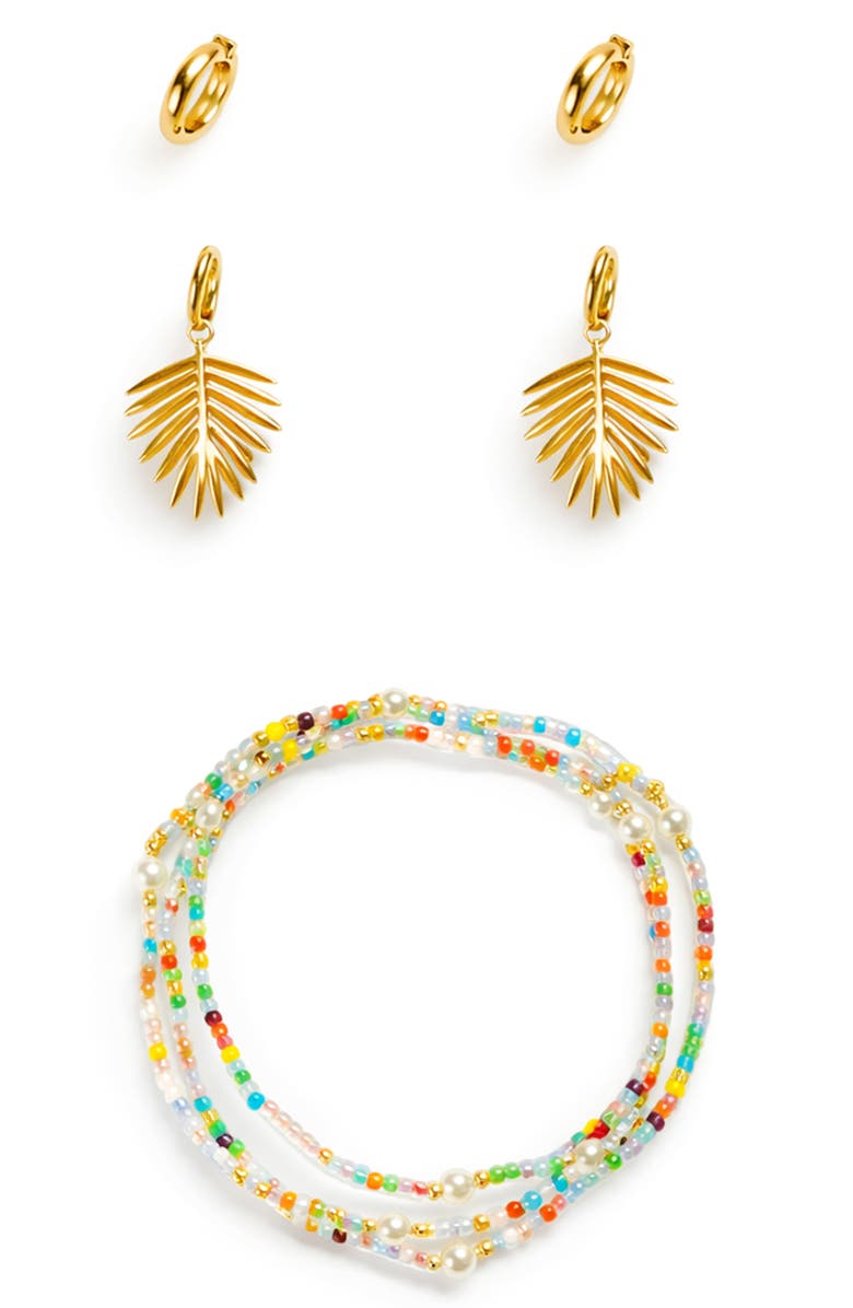 Panacea Palm Leaf Stud, Huggie Hoop Earrings & Beaded Stretch Bracelets Set, Alternate, color, Multi