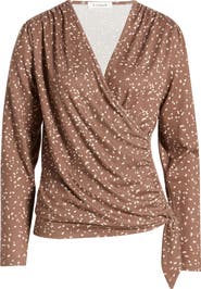 Loveappella Dot Print Faux Tie Wrap Top