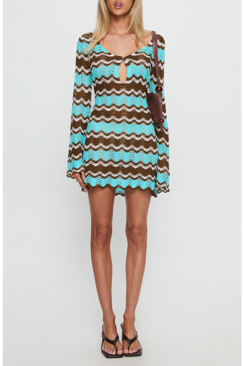 Suka Open Stitch Long Sleeve Minidress, Main, color, BROWN / BLUE