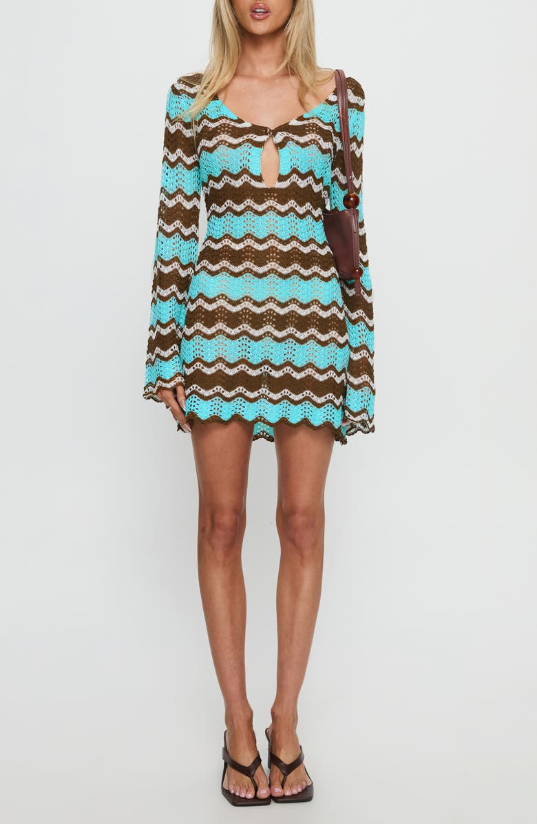 Princess Polly Suka Open Stitch Long Sleeve Minidress, Main, color, Brown / Blue