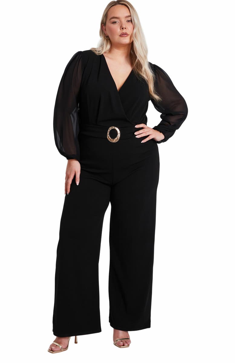 QUIZ Plus Size Chiffon Wrap Buckle Jumpsuit, Main, color, Black