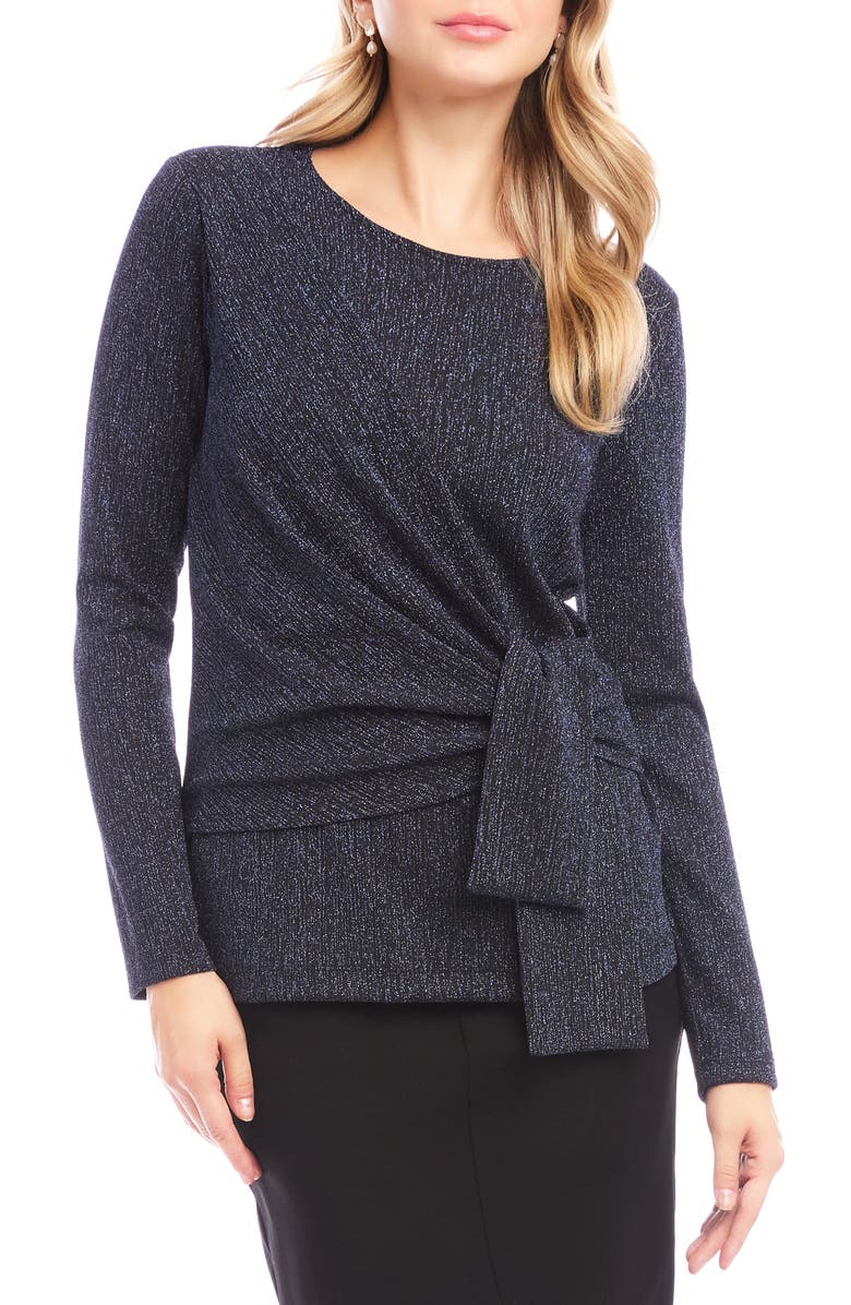 Karen Kane Metallic Knit Side Drape Long Sleeve Top, Main, color, Navy