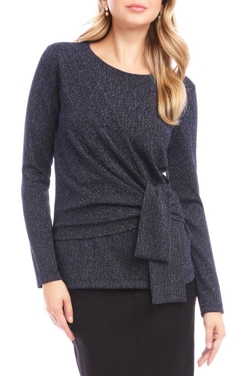 Metallic Knit Side Drape Long Sleeve Top (Regular & Petite)