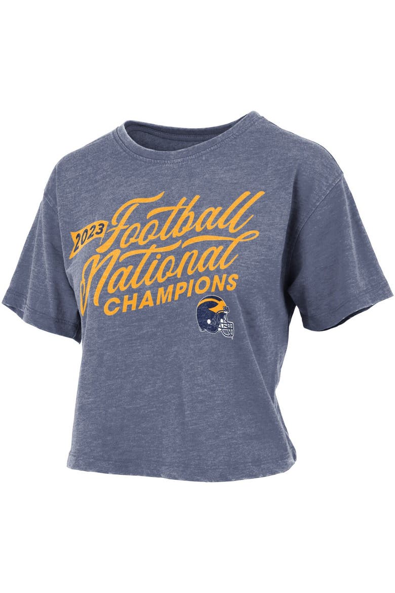Women's Pressbox  Navy Michigan Wolverines College Football Playoff 2023 National Champions Vintage Waist-Length T-Shirt, Alternate, color, Navy