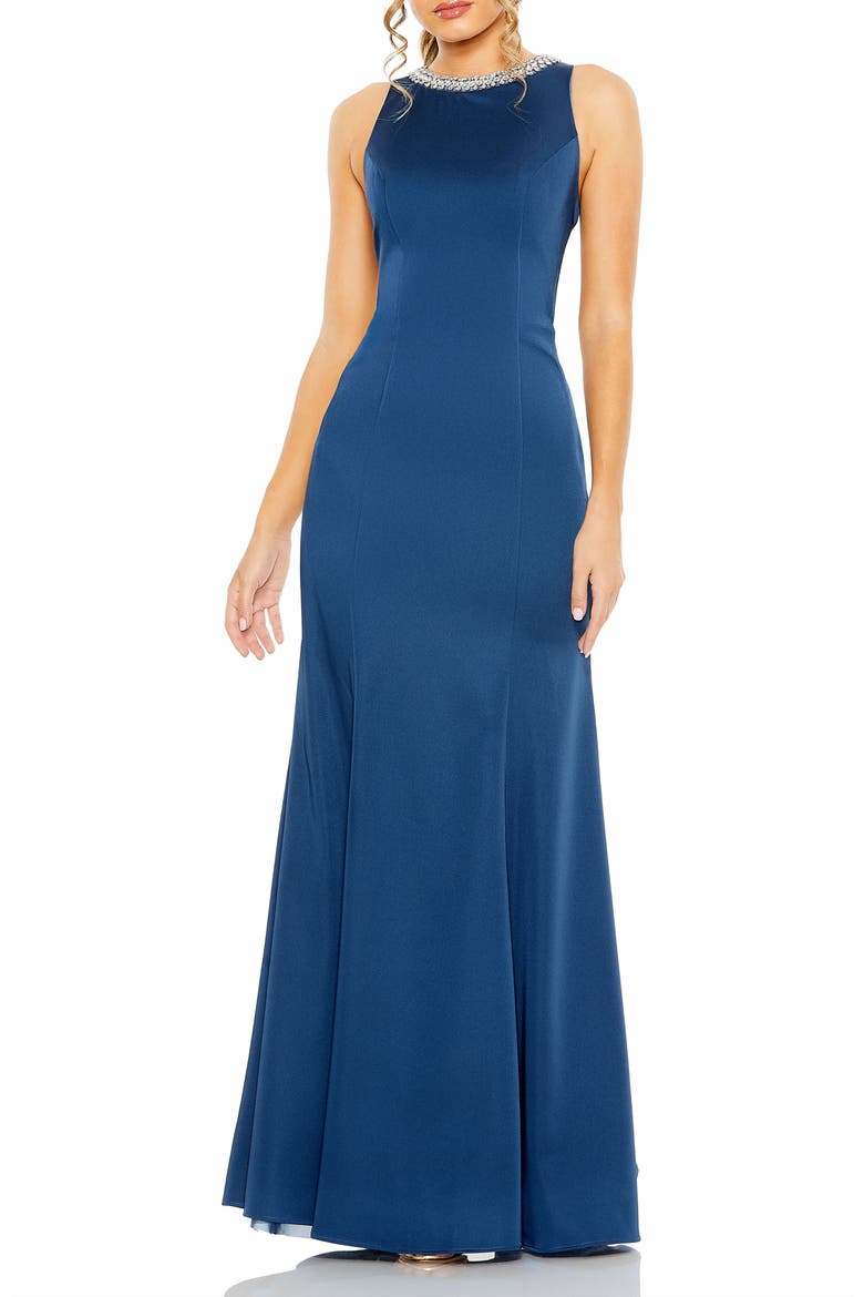 Women's Sleeveless Trumpet Gown with Embellished High Neck, Main, color, Ocean Blue
