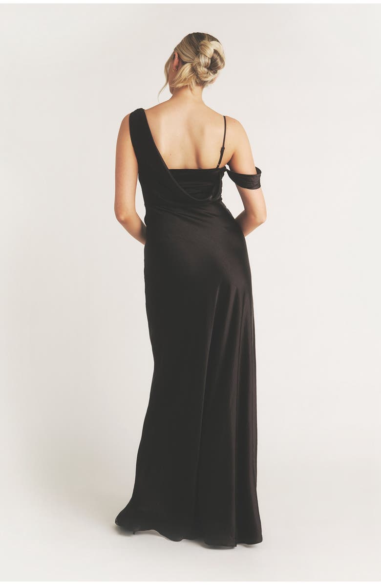 Six Stories Asymmetric Bardot Satin Bridesmaid Dress, Alternate, color, Black