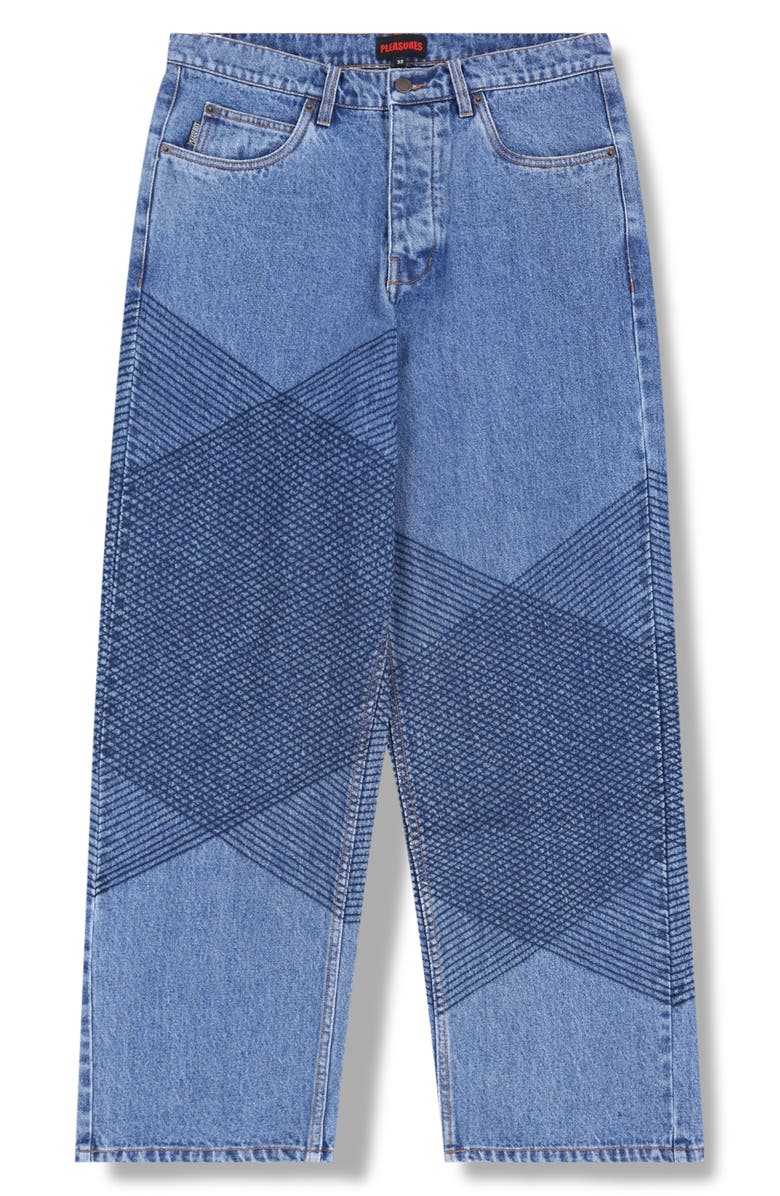 PLEASURES Grid Embroidered Baggy Jeans, Alternate, color, Indigo