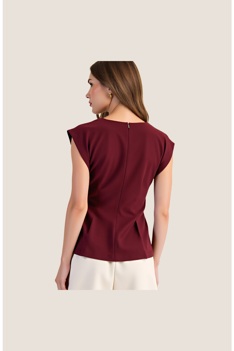 Cap Sleeve Peplum Top with Structured Pleats and Round Neck, Alternate, color, Burgundy