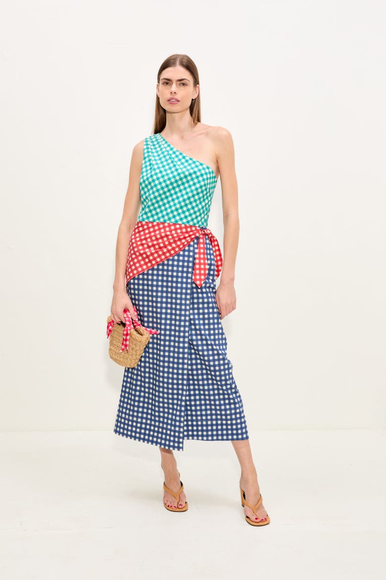 Belem Poplin Midi Dress, Main, color, Teal Gingham Multi