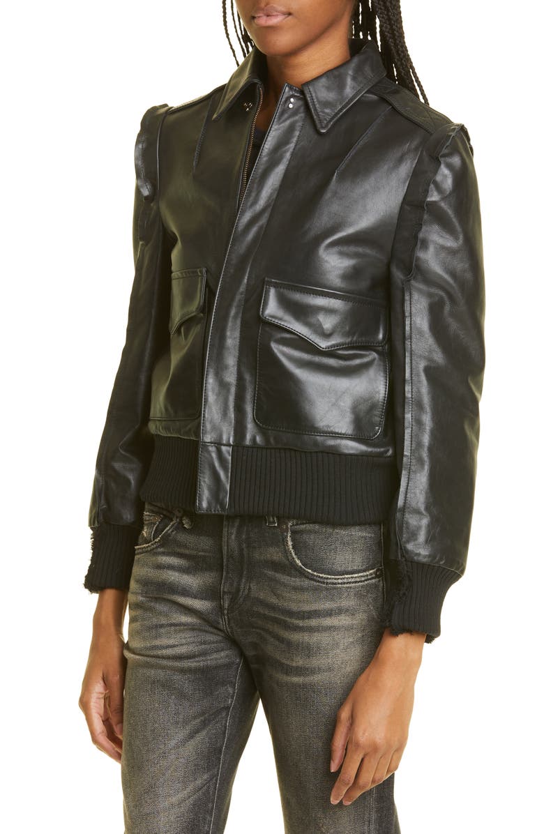 R13 Flat Sleeve Calfskin Leather Bomber Jacket, Alternate, color, 