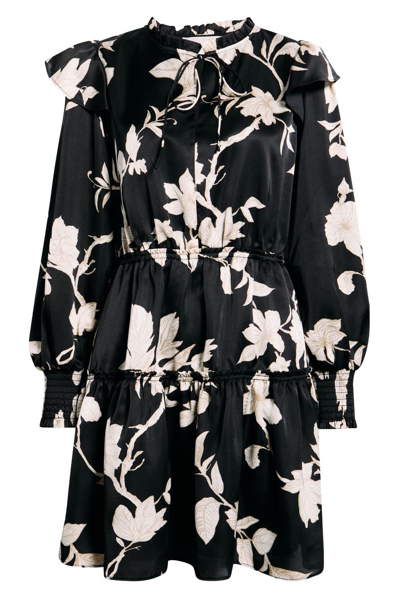 Floral Long Sleeve Tiered Chiffon Minidress, Alternate, color, BLACK- IVORY TOILE
