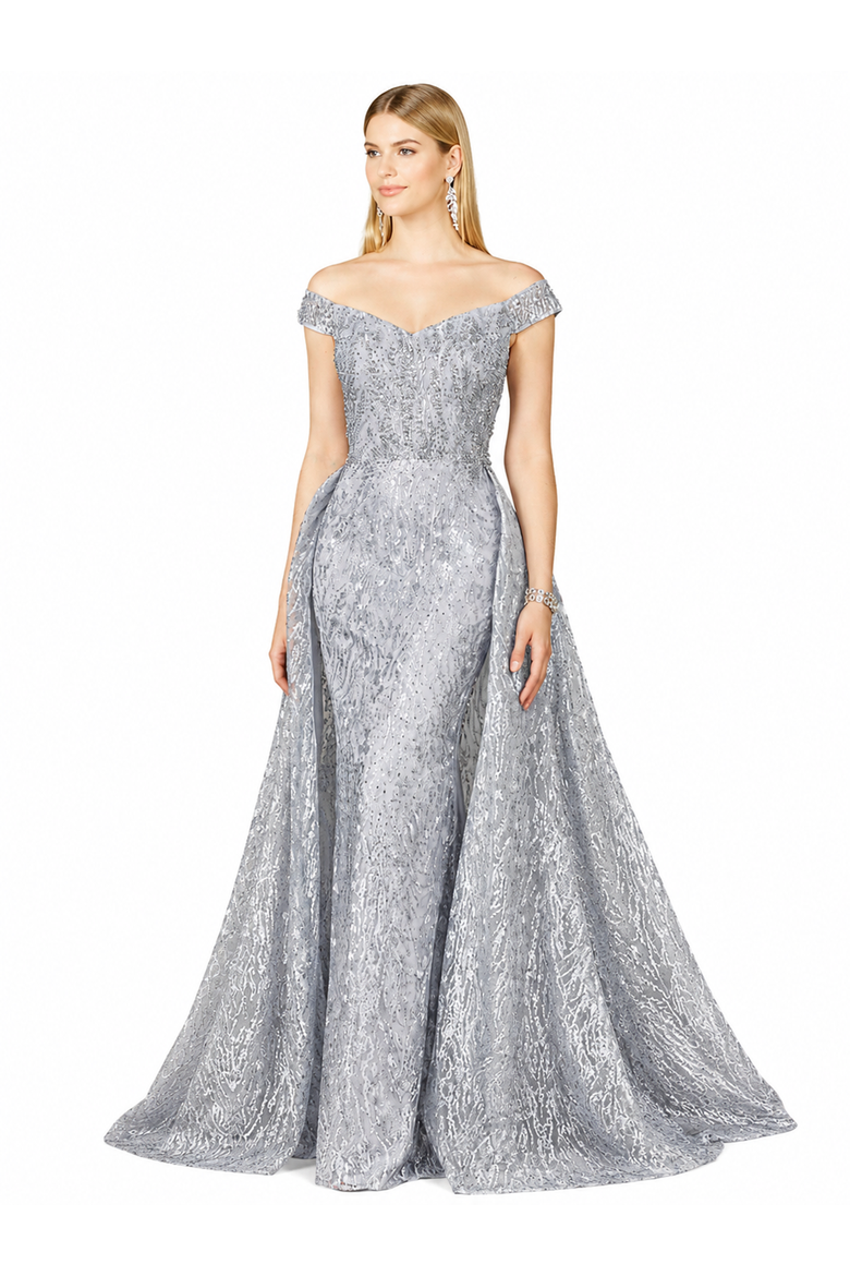 Beaded Faux-Wrap V-Neck Bridal Gown, Main, color, Slate