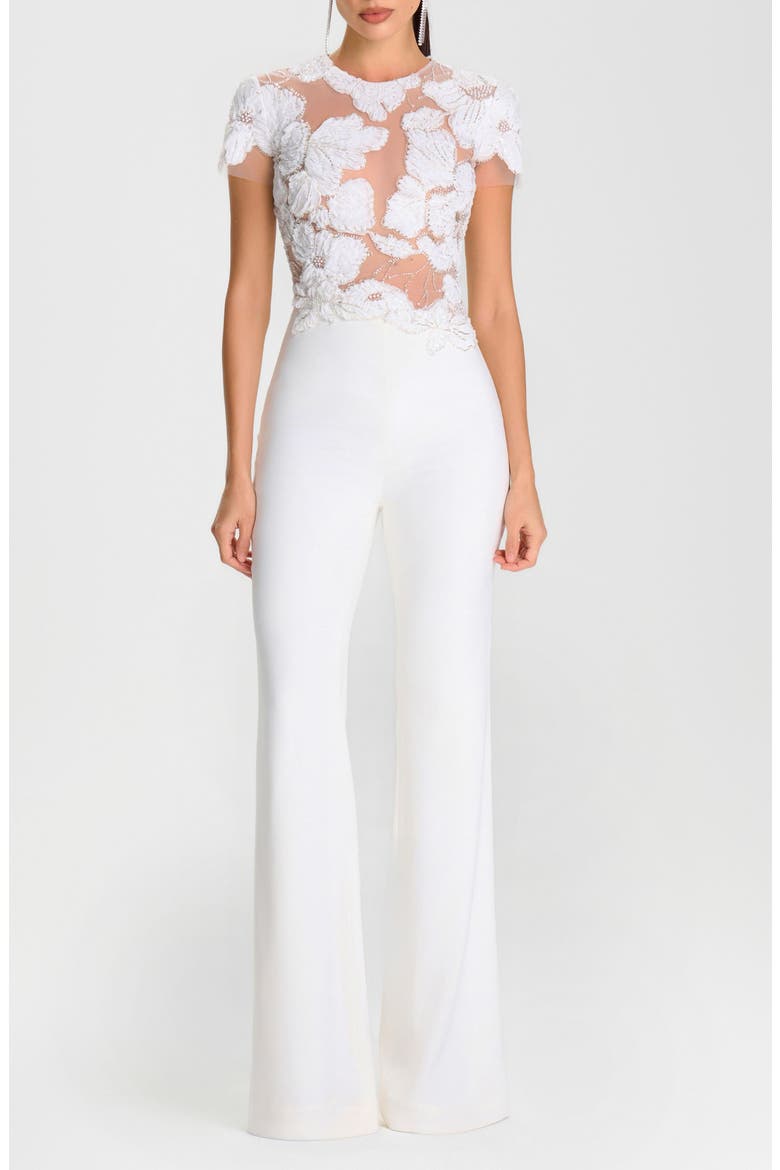 Sloane Beaded Floral Appliqué Wide Leg Cocktail Jumpsuit, Main, color, WHITE