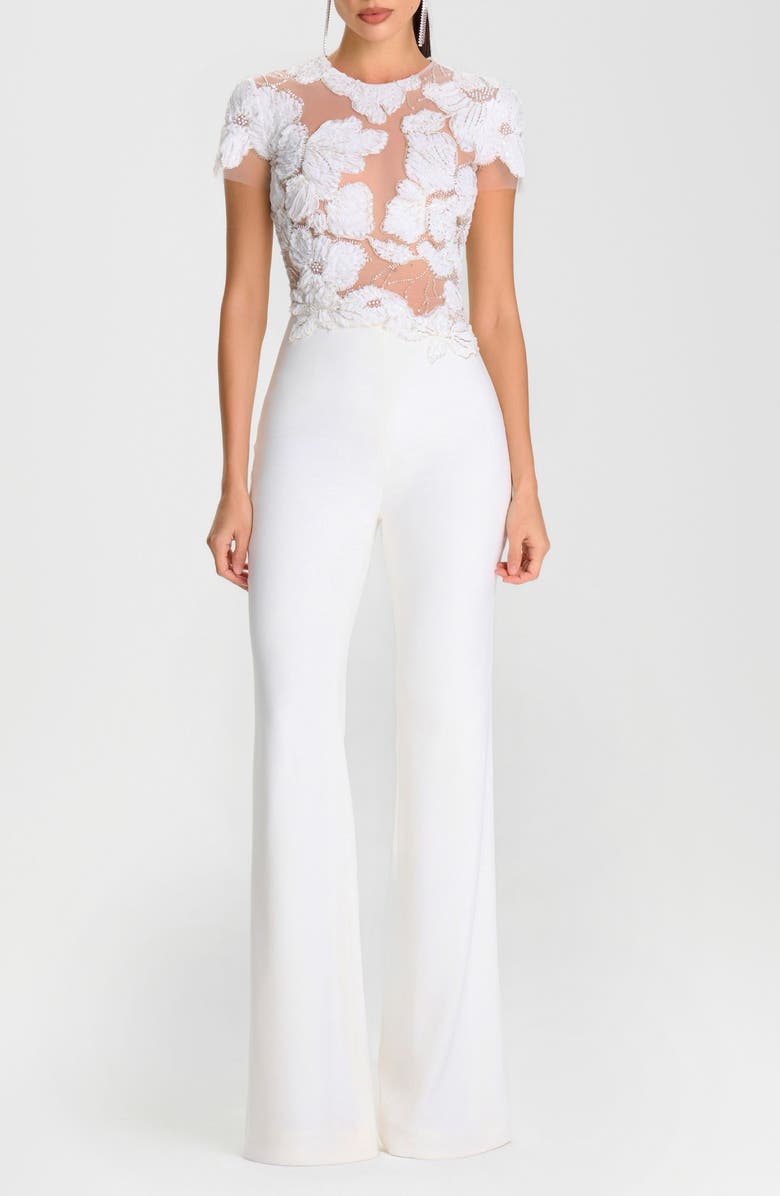 NADINE MERABI Sloane Beaded Floral Appliqué Wide Leg Cocktail Jumpsuit, Main, color, White